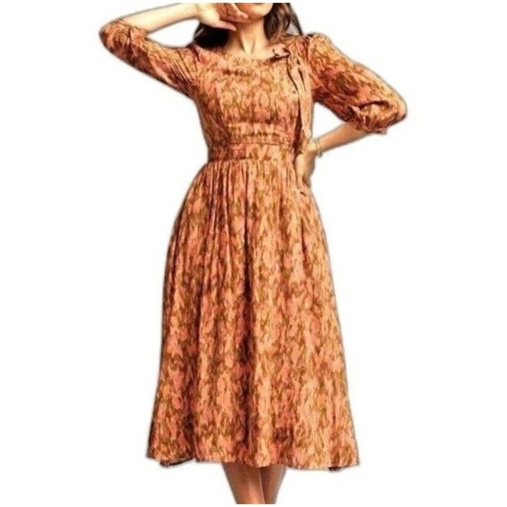 Downeast Clothing Ziggy Fall Watercolor Earth Tones Dress Artsy Tie Bow Size M